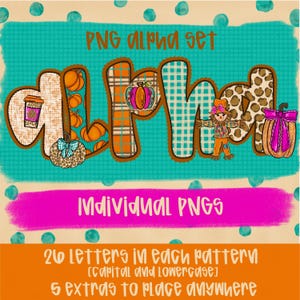 Puede incluir: Un colorido conjunto alfa PNG con la palabra "ALPHA" en un tema otoñal. Las letras están decoradas con calabazas, cuadros y un espantapájaros. La imagen incluye el texto "PNG alpha set" e "Individual PNGs".