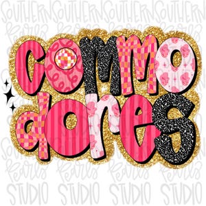 May include: A pink and gold glitter design with the text "come dance" in a variety of patterned fonts.