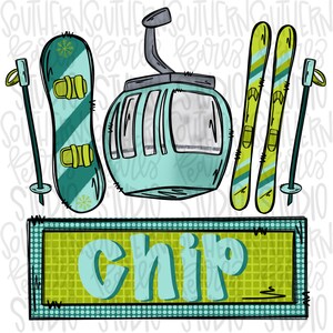 May include: A digital illustration featuring a teal snowboard with yellow bindings, a central teal gondola car, two yellow and teal skis, and two ski poles. Below the equipment is a rectangular green sign with the word chip in teal letters.