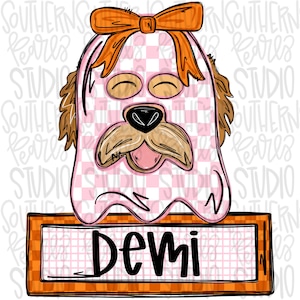 May include: A pink and white checkered ghost with an orange bow, brown ears, and a pink tongue sticking out. The ghost has a black nose and brown moustache. The ghost is holding a sign that says "Demi" in black letters.