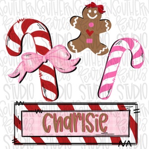 May include: A digital illustration of a gingerbread person, two candy canes with pink bows, and a sign with the name "Charisie" in brown text on a pink and red striped background.