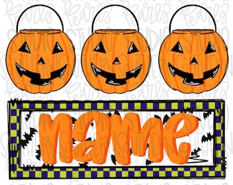 Halloween Bucket Trio Sublimation Design: Orange Colors, Name Patch (Digital Download PNG File)