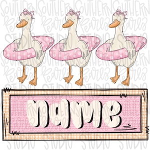 May include: A digital illustration features three cartoon geese wearing pink polka-dot swim rings and bows. Below, a pink rectangle with the word "NAME" in white bubble letters is framed by a black border and a checkered pattern.
