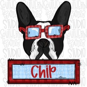 May include: A black and white French Bulldog illustration wearing red plaid glasses with light blue lenses. Below the dog is a rectangular sign with a red plaid border and a light blue center containing the red text Chip in a script font.