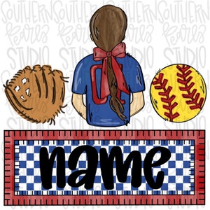 May include: A digital illustration of a softball player wearing a blue jersey with a red number "1" on the back. The player has brown hair tied with a red bow. The image also includes a brown baseball glove, a yellow softball with red stitching, and a red and blue checkered banner with the word "name" in black.