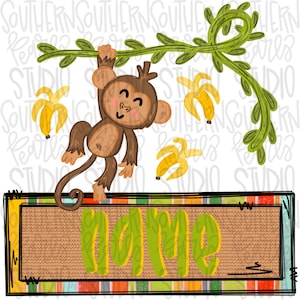 May include: A cartoon illustration of a brown monkey hanging from a green vine with three yellow bananas. Below the monkey is a rectangular frame with a textured tan background and the word name written in bright green lowercase letters.