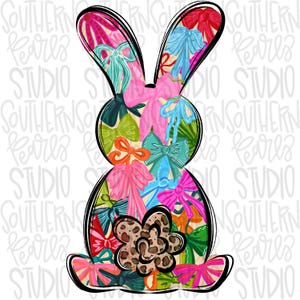 May include: A colorful bunny-shaped graphic with a floral pattern of bows in various colors, including pink, blue, green, and orange. A flower with a leopard print center is at the bottom. The words "SOUTHERN PEARLS STUDIO" are in the background.