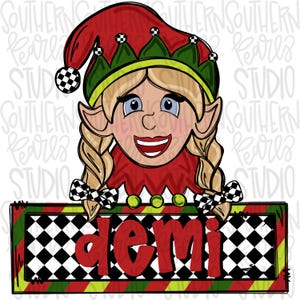 May include: A Christmas elf with blonde hair and a red and green hat holding a sign with the word "demi" in red letters on a black and white checkered background.