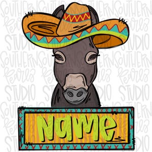 Op de afbeelding: Een bruine ezel die een kleurrijke sombrero draagt met een geel, oranje, rood en blauw ontwerp. De ezel kijkt naar de camera. De ezel staat voor een bord met de tekst "Naam" in groene letters.