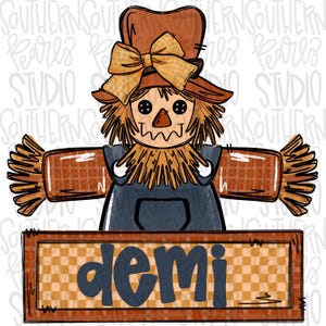 May include: A scarecrow with a brown hat and a yellow bow tie is holding a sign that says "demi". The sign is made of wood and has a checkered pattern.