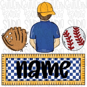 Peut inclure: Illustration numérique sur le thème du baseball. Elle comprend une balle de baseball, un gant de baseball et une personne portant une casquette jaune et une chemise bleue. Une bannière de type règle affiche le mot "name" en lettres noires sur un motif à carreaux bleu et blanc.
