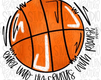 May include: An orange basketball graphic with black lines and white highlights. The text "enter into his courts with praise" is written in a black script font around the ball, with "Psalm 100:4" printed in small black text on the right side.