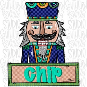 May include: A blue and green nutcracker with a checkered hat and a white beard. The nutcracker is holding a sign that says "chip".