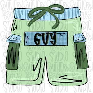 May include: A light green cartoon illustration of shorts with the word "GUY" on a blue rectangle. The shorts have a blue waistband with a green bow and two pockets. The pockets have the letter "W" on them.