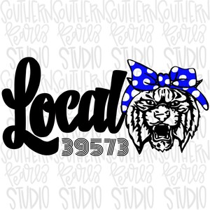May include: Black and white graphic featuring the word "Local" in a bold script, with the number "39573" below. A fierce tiger head with a blue polka dot bow is on the right. The background has a repeating pattern of the words "Southern Pearls Studio".