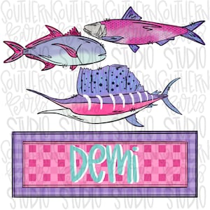 May include: A digital illustration of three fish with a pink, purple, and blue color scheme. The fish are on a white background with the word "Demi" in a pink and blue checkered box.