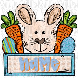 May include: A digital illustration of a bunny rabbit with a carrot and Easter eggs. The bunny has a brown nose and brown eyes. The bunny is holding a carrot in its right paw and an Easter egg in its left paw. The bunny is wearing a blue and white checkered bow tie. The bunny is sitting on a blue and white checkered background. The text "name" is written in blue and white letters on a blue and white checkered banner.