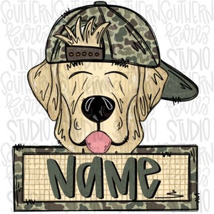 May include: A cartoon illustration of a smiling golden retriever wearing a camouflage baseball cap. The dog has a black nose and a pink tongue. A rectangular sign below the dog reads "NAME" in green letters.