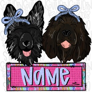 May include: A digital illustration features two smiling dogs with blue bows. The dog on the left is black, and the dog on the right is brown. Below them is a pink rectangle with the word "NAME" in light blue.