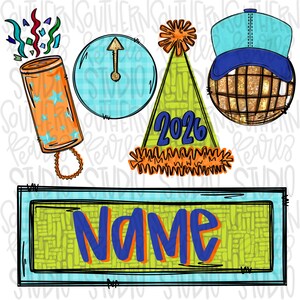 May include: A collection of festive illustrations featuring a party popper, clock, party hat with "2026", and a decorative ball. A rectangular sign with the word "NAME" in blue and orange is also included. The color palette includes orange, blue, green, and gold.