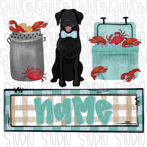 Op de afbeelding: Een digitale illustratie met een zwarte Labrador met een lichtblauwe vlinderdas, een grijze metalen pan gevuld met rivierkreeften en maïs, een blauwgroene koelbox met rivierkreeften en een rechthoekig bord met het woord name in blauwgroen.