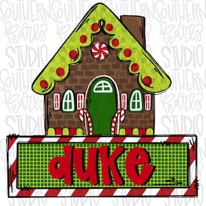 May include: A green and brown gingerbread house with red candy accents and a white candy cane on the roof. The house is sitting on a red and white striped base with a green background and the word "duke" in red letters.