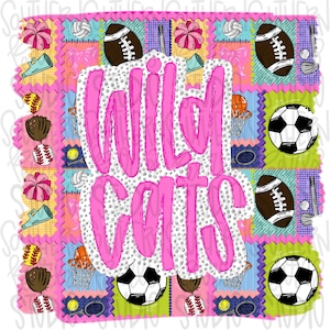 Wildcats | Mascot in frame | sports stamp collage | football, basketball, baseball, soccer, volleyball, tennis, cheer, golf | PNG download
