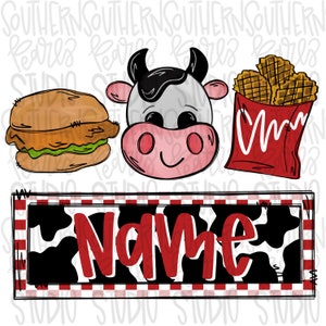 May include: A digital illustration featuring a cartoon burger, a cow head, and a red container of waffle fries above a rectangular sign with a cow print background and a red checkered border, containing the red text Name in a script font.