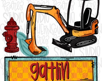 Puede incluir: Una ilustración digital que muestra una excavadora naranja y una boca de incendio roja rociando agua azul. Debajo de la maquinaria hay un letrero rectangular con un fondo a cuadros amarillo y naranja con el texto rojo gatlin.
