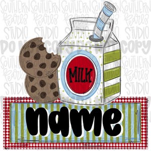 Leche y galletas con parche de nombre estilo infantil png / Diseño navideño png / Diseño de sublimación / Descarga digital / Camiseta para mujer, niña png