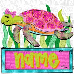 May include: A graphic illustration of a lime green sea turtle with a pink shell featuring yellow polka dots and a pink bow on its head. The turtle swims above a rectangular pink sign with a teal border containing the lime green text name.