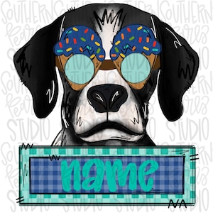 May include: A digital illustration of a black and white dog wearing novelty glasses shaped like ice cream cones with blue tops and colorful sprinkles. Below the dog is a rectangular sign with a teal checkered border and the word name in teal.
