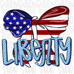 May include: A blue and red bow with a white center, with a checkered blue background and the word "LIBERTY" in large blue letters.
