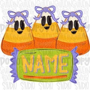 May include: Three candy corn characters with black oval eyes, eyelashes, and purple bows on top, positioned behind a rectangular green candy wrapper with purple ruffled edges and the word NAME printed in large yellow letters across the center.