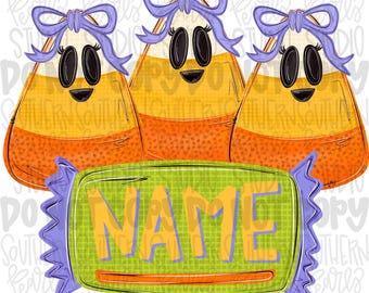 May include: Three candy corn characters with black oval eyes, eyelashes, and purple bows on top, positioned behind a rectangular green candy wrapper with purple ruffled edges and the word NAME printed in large yellow letters across the center.