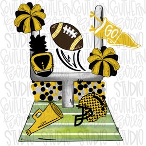 May include: A football-themed digital clipart design featuring a football, goal post, cheerleaders, a megaphone, and a helmet. The design is set against a background of black and gold polka dots and a green and white striped field.