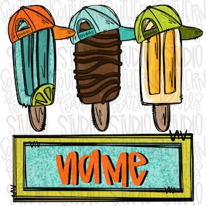 May include: Three illustrated popsicles with wooden sticks, each wearing a baseball cap in orange, light blue, and lime green. Below, a rectangular frame with a teal speckled background contains the orange text name in a playful font.