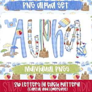 May include: A digital PNG alpha set with the word "ALPHA" in large, colorful letters. The letters are decorated with beach-themed illustrations, including sandcastles, beach balls, and sailboats. The image also includes the text "26 letters in each pattern [capital and lowercase]"