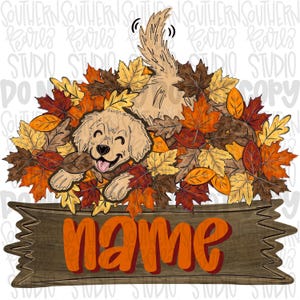 May include: A digital illustration of a golden dog peeking out from a pile of autumn leaves in shades of orange, yellow, and brown. Below the leaves is a wooden sign with the word name written in bold orange letters against a wood grain texture.