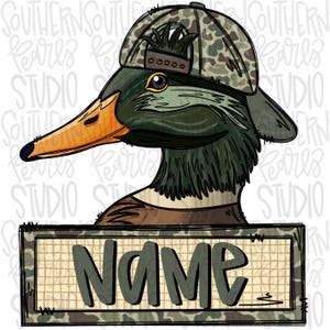Mallard Duck wearing camo hat with name patch  | Sublimation Design | Digital Download | Women’s, Kids Shirt PNG