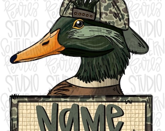 Mallard Duck wearing camo hat with name patch  | Sublimation Design | Digital Download | Women’s, Kids Shirt PNG