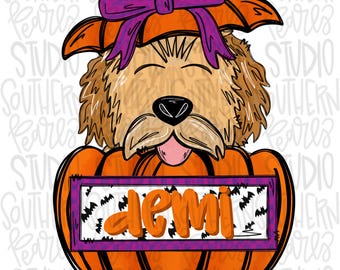 Goldendoodle in pumpkin with bow and Name Patch | Sublimation Design | Digital Download | Women’s, Kids Shirt PNG