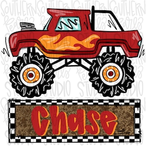 以下が含まれることがあります： 側面に炎が描かれた赤いモンスタートラックと黒い車輪。トラックの下には「チェイス」という名前の看板があります。