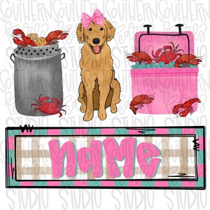 Op de afbeelding: Een digitale illustratie met een golden retriever met een roze strik, een grijze metalen pan gevuld met rivierkreeftjes en maïs, een roze koelbox met rivierkreeftjes en een rechthoekig bord met ruitpatroon en het woord name in roze letters.