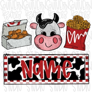 Könnte beinhalten: Digitale Illustration mit einem Kuhkopf, einer Box mit Chicken Nuggets und einer Tüte Waffeln. Ein rechteckiges Schild mit Kuhmuster und dem Wort "Name" in Rot ist ebenfalls enthalten. Der Hintergrund ist weiß.