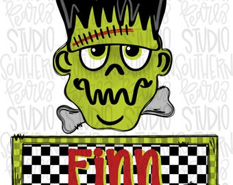 May include: A cartoon illustration of a green monster head with black hair, a stitched forehead, and a grey bone behind the jaw. Below the head is a rectangular sign with a black and white checkered border and the red text Finn.