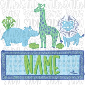May include: A digital illustration featuring a light blue hippopotamus, a green giraffe with blue spots, and a stylized lion head with a blue mane. Below the animals is a rectangular blue frame with a checkered pattern containing the word NAME.