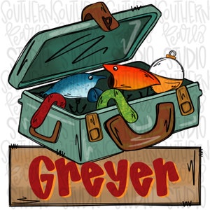 May include: A green tackle box with a brown handle is open and filled with fishing lures. The lures include a blue and white lure, a red and orange lure, and a green worm. The tackle box is sitting on a wooden sign with the name "Gheyer" written in red letters.