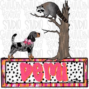 May include: A digital illustration featuring a raccoon in a tree and a dog wearing a pink bow. The dog is looking up at the raccoon. The name "Demi" is written in pink bubble letters on a black and white dotted background.