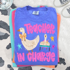 Può includere: Una pila di magliette Comfort Colors in blu, rosa e arancione. La maglietta superiore è blu con una grafica di un'oca con un fiocco e occhiali, con le parole "Teacher In Charge" in rosa.
